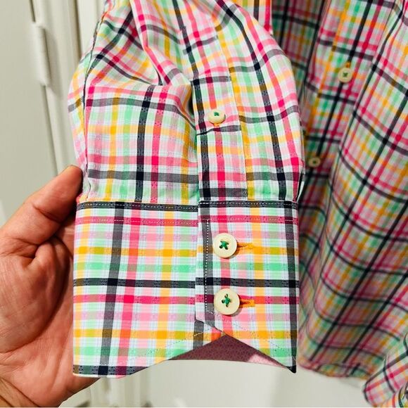 Thomas Dean Men’s Pink Plaid Contrast Cuffs Button Up Shirt Sz. 2XLT Pima Cotton - Picture 10 of 13